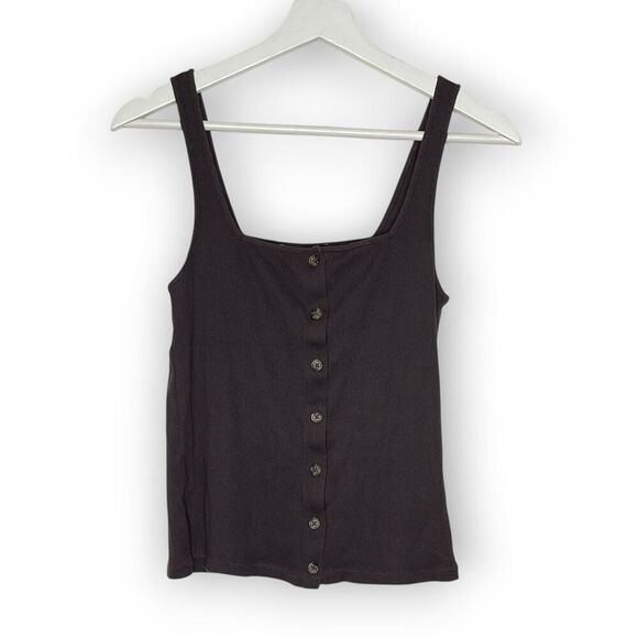 Sanctuary Brown Ribbed Button Up Square Neck Stretchy Tank Top Women’s Medium - Picture 2 of 10